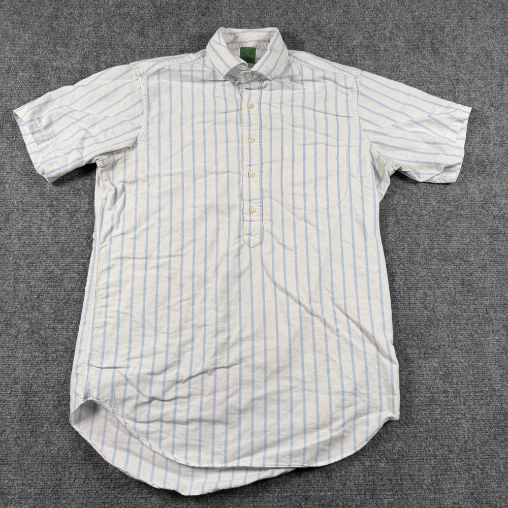 Sid Mashburn Popover Shirt Mens Medium Blue White Stripe Cotton Short Sleeve